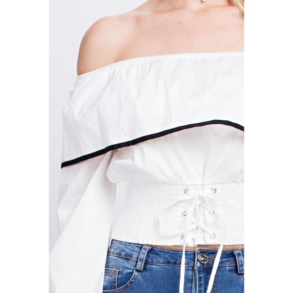 Women's Super Cute Comfy Off Shoulder Top With Contrast Detail Linning & Corset - Picture 9 of 10